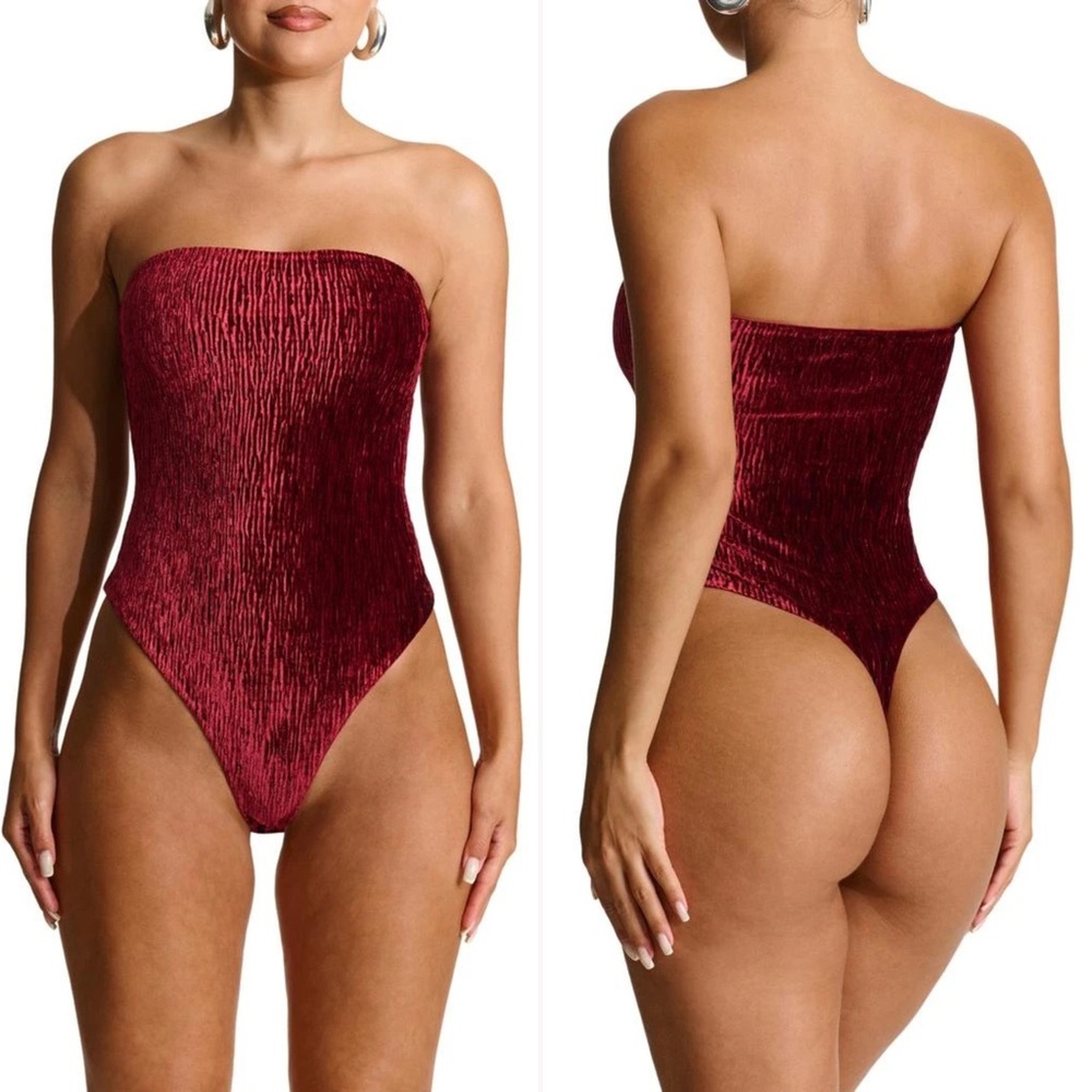 naked wardrobe Plush Velvet Tube Bodysuit in Wine Sz XL